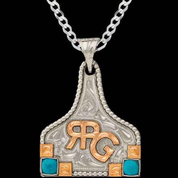 Our Clarabelle Cow Tag Necklace features a delicate beaded edge adorned with your copper ranch logo and hand-engraved squares, each accented by turquoise stones. Pair it with a special discount sterling silver chain! 